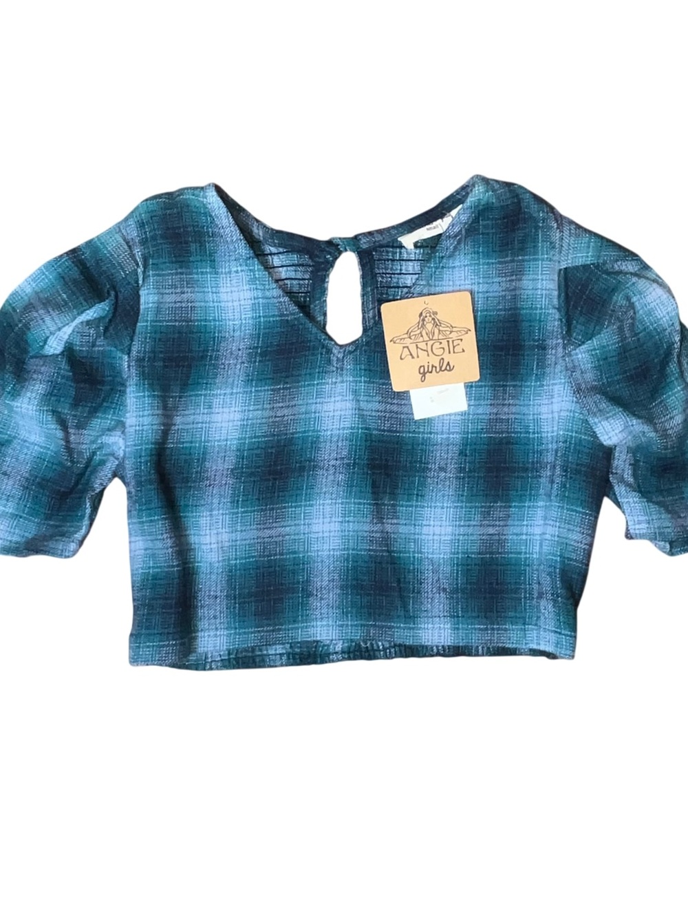 Angie Girls Short Sleeve Shirt Crop Blue Green Plaid Smocked Small NWT Flannel